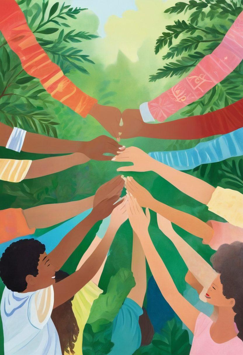 A diverse group of people of various ages and backgrounds, joyfully engaging in a community gathering filled with warmth and connection. Surrounding them, colorful banners display messages of love and support, while lush greenery serves as the backdrop, symbolizing growth and nurture. Delicate hearts and gentle hands interwoven in the design, representing the essence of care. soft pastel colors, community vibe, illustration.
