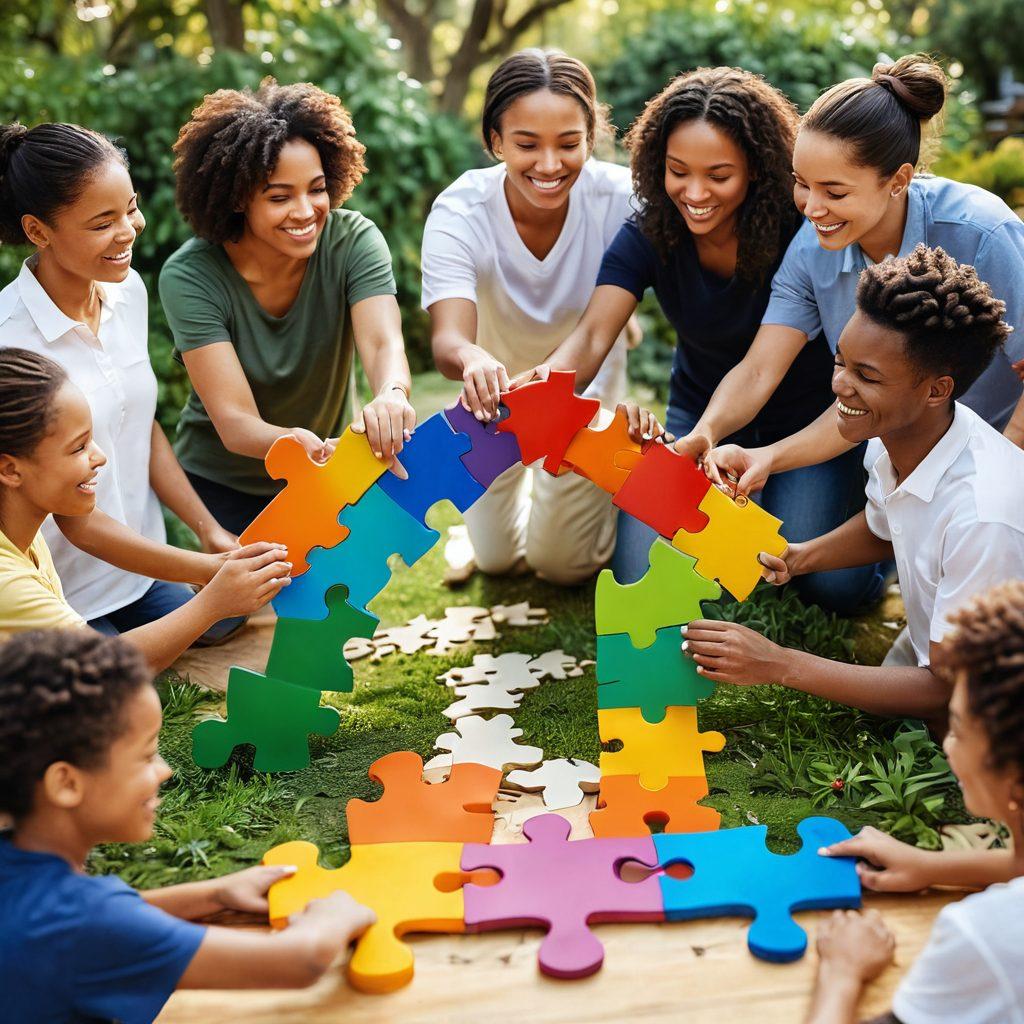 A heartwarming scene of diverse individuals working together to build a symbolic bridge made of colorful puzzle pieces, representing support and friendship. In the background, a vibrant community filled with greenery and smiling faces showcases unity and collaboration. Soft, warm lighting enhances the inviting atmosphere. super-realistic. vibrant colors.