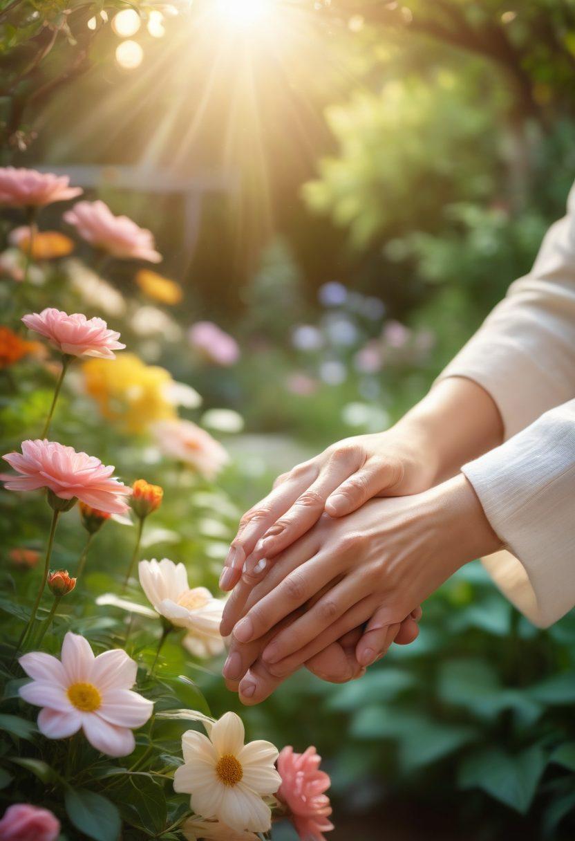 A serene scene depicting a caregiver gently holding a patient's hand, surrounded by soft, warm lighting that symbolizes comfort and understanding. In the background, a peaceful garden with blooming flowers represents growth and healing, while ethereal figures of diverse individuals connect with each other, illustrating the theme of empathy and support. super-realistic. vibrant colors. soft focus.